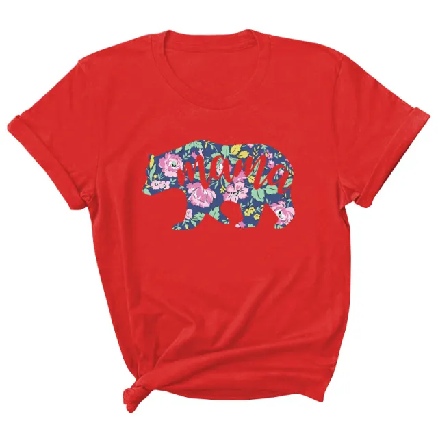 Mama Pattern Printed Short Sleeve Round Neck T shirt Casual Fashion Red - Shop at LoveMi