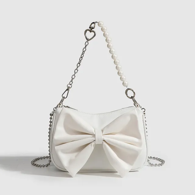 Black White PU Bow Handbags Autumn Winter Ladies Underarm Tote Bags Fashion Simple Pearl Chain Shoulder Bag Small Purse White - Shop at LoveMi