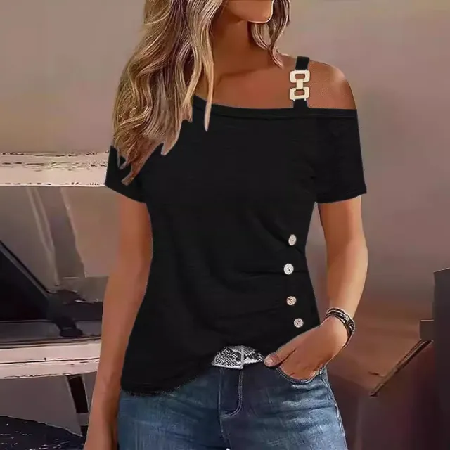 Simplicity Short sleeved Metal Buckle Printed Top T shirt Black - Shop at LoveMi