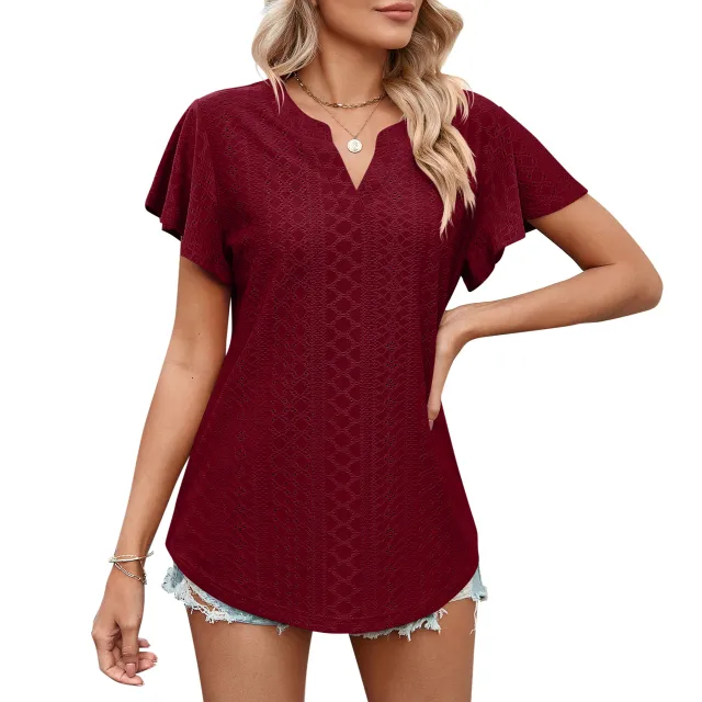 Women's Solid Color And V neck Ruffle Sleeve Casual T shirt Red - Shop at LoveMi