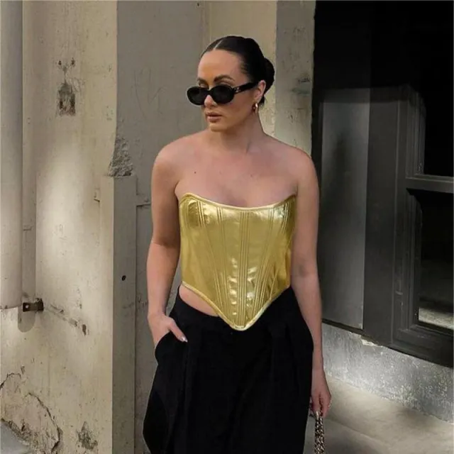 Solid color Glossy Leather Cropped Tube Top For Women Gold - Shop at LoveMi