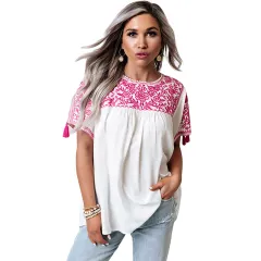 Embroidered Top Women's Short Sleeve Tassel Decoration - Lc25115038 White - View 1