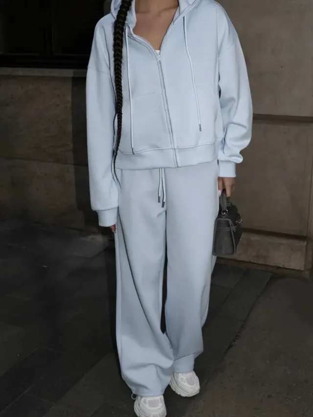 European And American Solid Color Long Sleeve Zipper Cardigan Hoodie Lace up Trousers Two piece Set Sky Blue - Shop at LoveMi