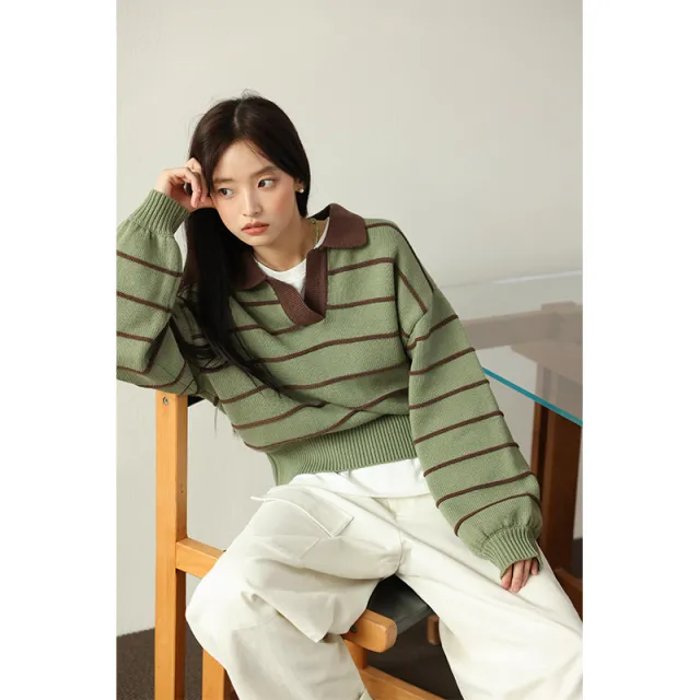 Polo Collar Loose Three dimensional Striped Sweater Green - Shop at LoveMi