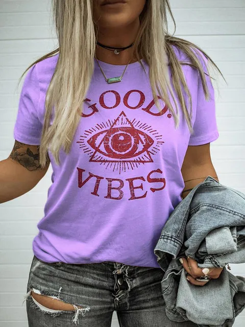 Women's Clothes Top Eye Graphic Print Crew Neck Short Sleeve T shirt Purple - Shop at LoveMi
