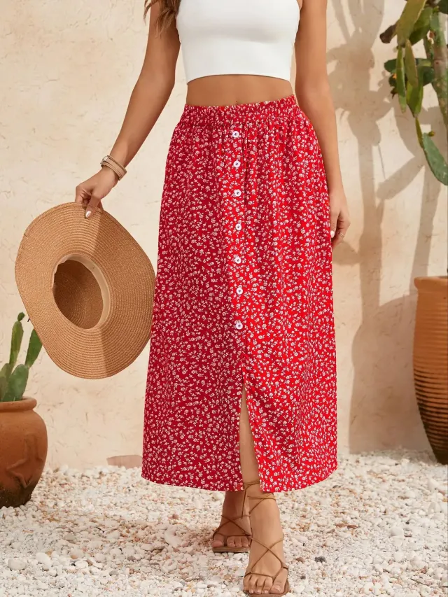 European And American Printed Breasted Self tie Summer Pastoral A Line Skirt Advanced Skirt Red - Shop at LoveMi