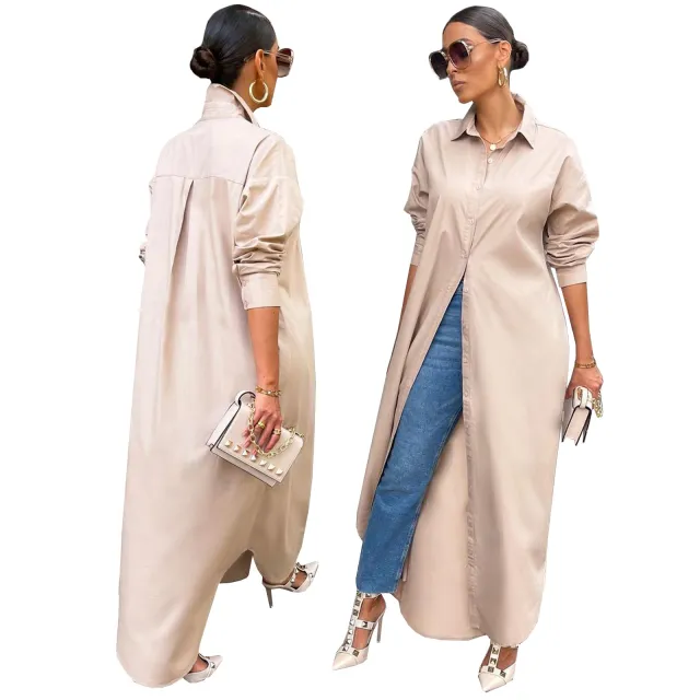 Women's Fashion Casual Solid Color Long Shirt Coat Khaki - Shop at LoveMi