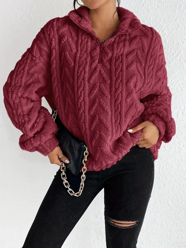 Double sided Plush Latte Art Casual Zipper Pullover Top Wine Red - Shop at LoveMi