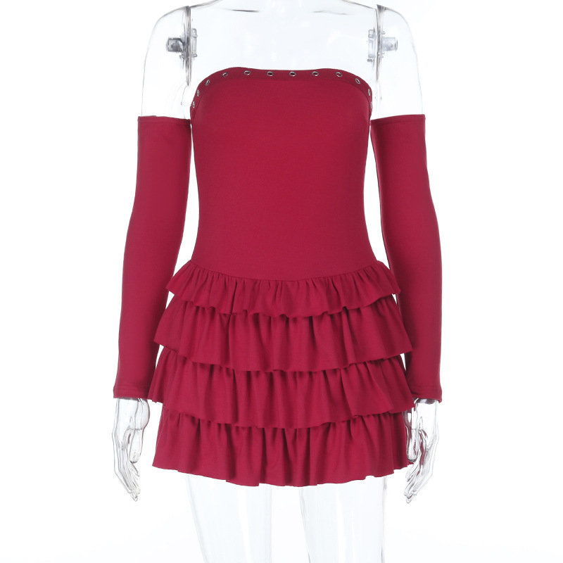 Long sleeved Bustier Corn One shoulder Slim Dress Wine - Shop at LoveMi