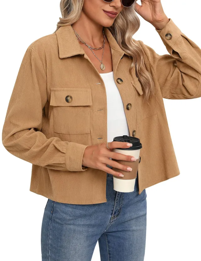 Corduroy Button Cropped Jacket For Women Sunflower Color S - Shop at LoveMi