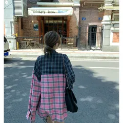 Women's Irregular Spliced Plaid Blouse - Grey - View 1