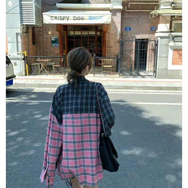 Women's Irregular Spliced Plaid Blouse Gray - Shop at LoveMi