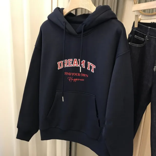 Autumn And Winter Fleece lined Thickened Hooded Sweatshirt Women's Loose Top Navy Blue - Shop at LoveMi