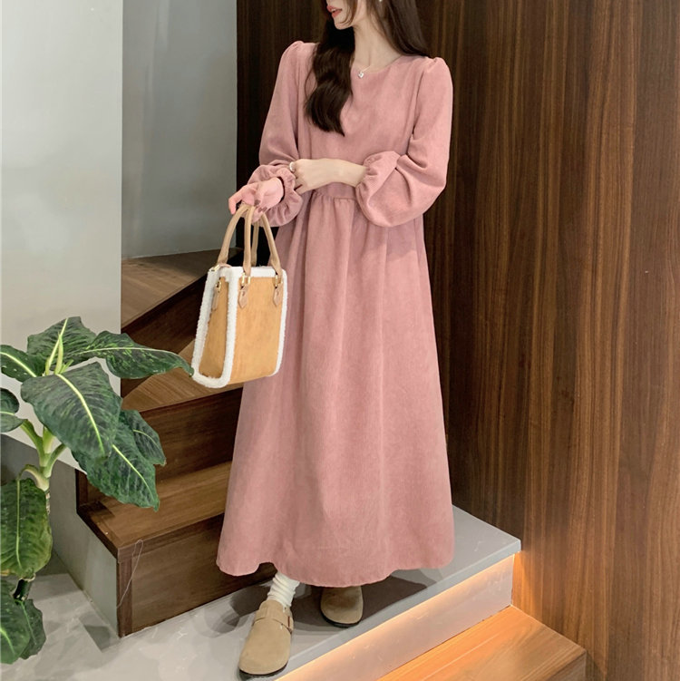 French Style Lantern Long Sleeve Corduroy Dress Women's Autumn And Winter Pleated