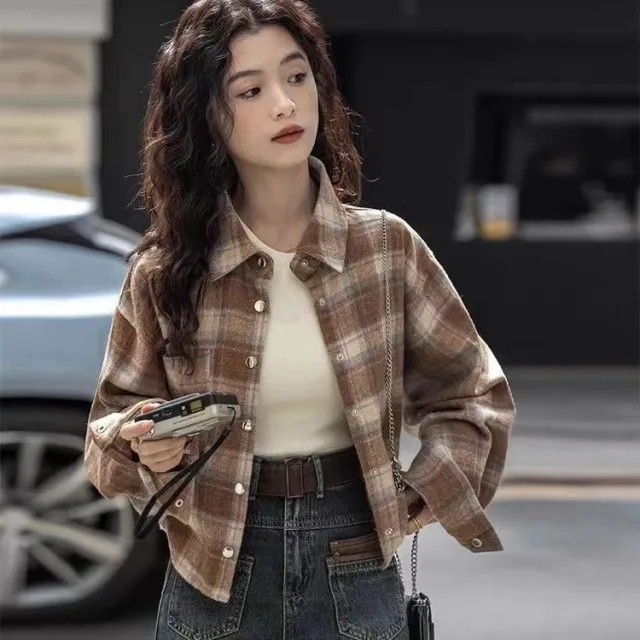 Retro Brushed Loose Plaid Short Long Sleeve Coat Gold - Shop at LoveMi