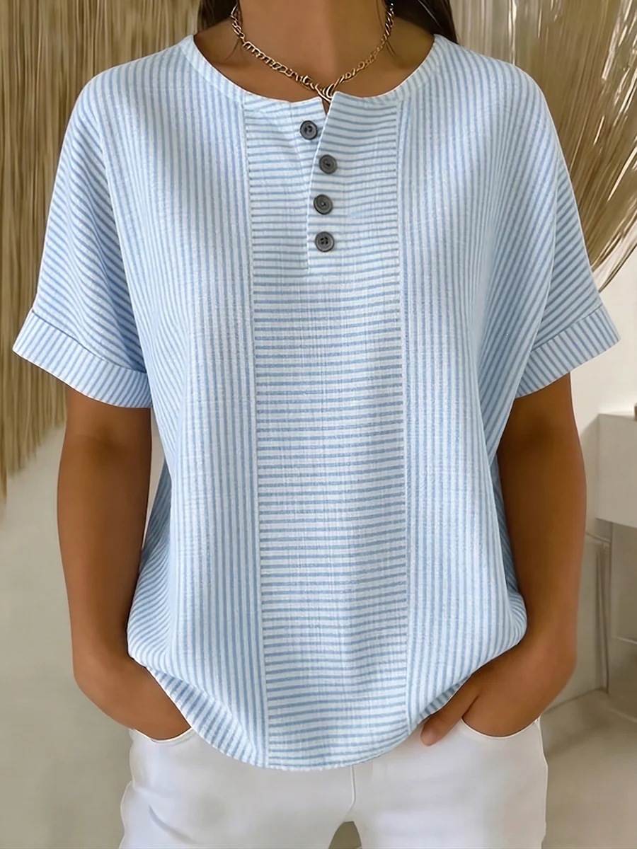 Women's cotton linen T-shirt in yellow – striped V-neck button short sleeve
