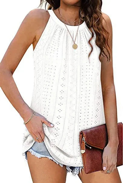 New Women's Vest Shirt Loose High Collar Sleeveless Hollow Top White - Shop at LoveMi