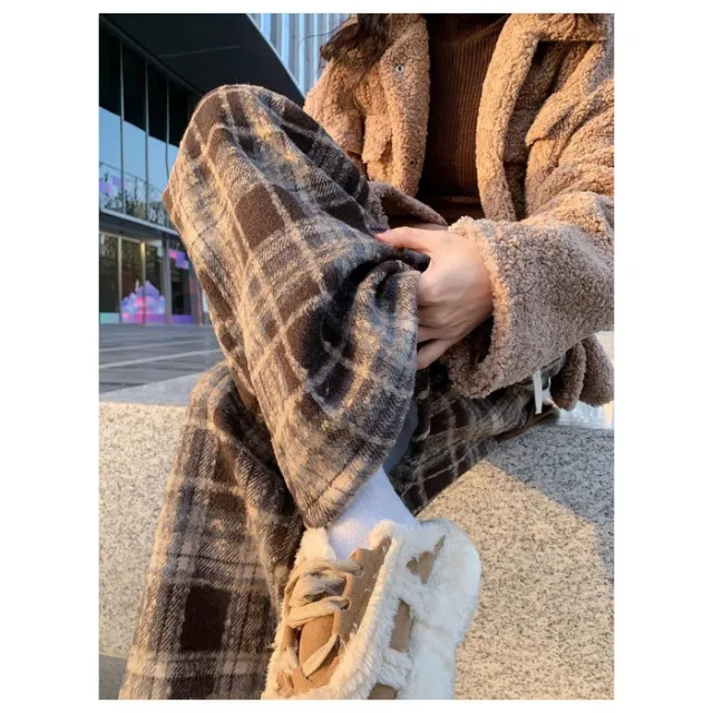 Women's Fleece lined Casual Woolen Plaid Pants Brown - Shop at LoveMi