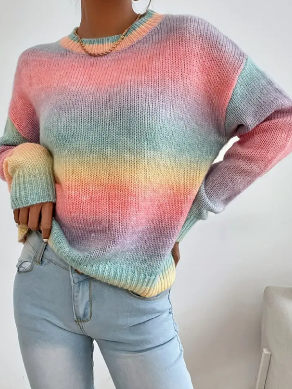 Stitching Contrast Color Knitted Sweater Fashion Pullover Round Neck Gradient Rainbow Striped Top