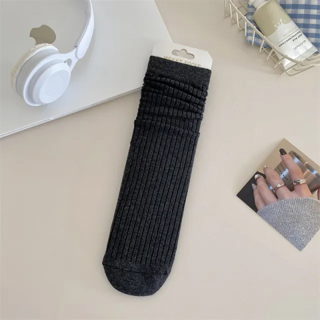 Solid Color Yarn Sunken Stripe Women White Tube Bunching Socks Women Black And Gray - Shop at LoveMi