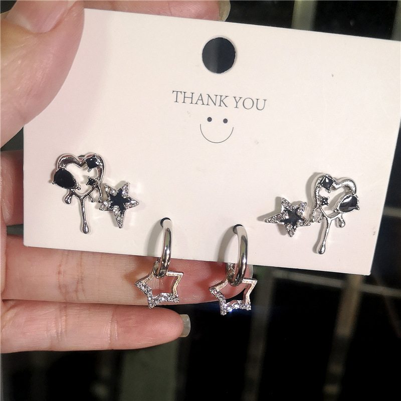 Ins Special Interest Light Luxury Black Drip Love Heart Stud Earrings Suit