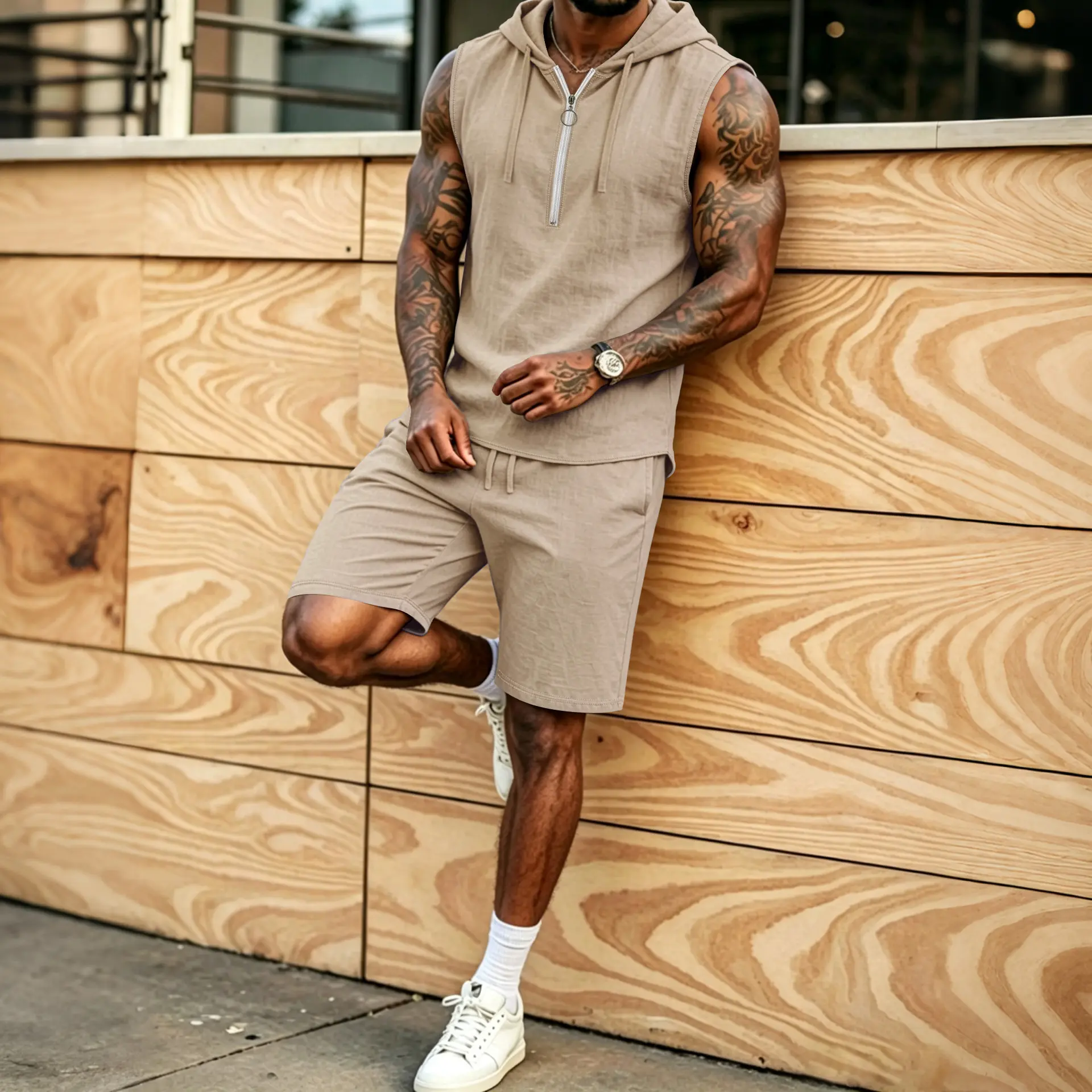 Mens Summer Loose Casual Hooded ZipUp Sleeveless