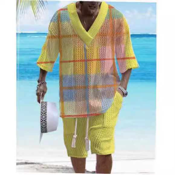 Summer Relaxed-fit Short-sleeve T-shirt And Shorts V-neck Sports Two-piece Set