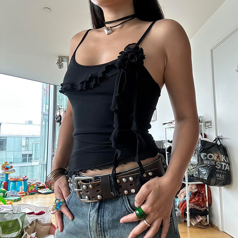 Three-dimensional Flower Ruffled Stitching Irregular Mesh Solid Color Vest