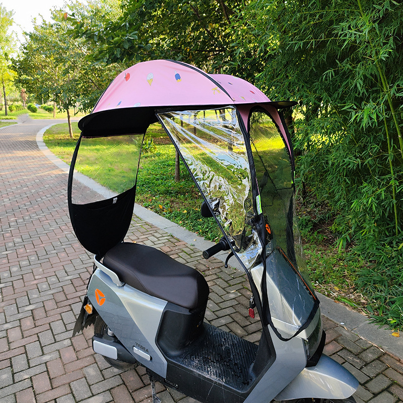 Canopy Battery Car Four Seasons Universal Motorcycle Sun Protection Sunshade – Semicircle Top Pink Strawberry, Car With Rearview Mirror