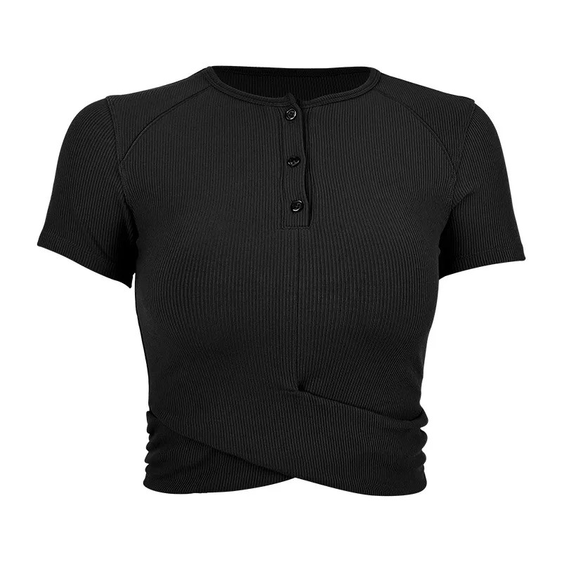 Modal Sports T-shirt Button Round Neck Cross Hem Short Sleeve - Black
