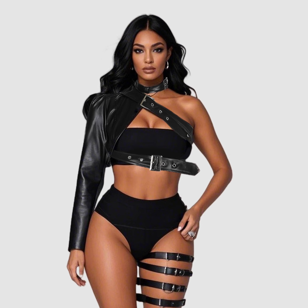Black Punk One-shoulder PU Leather Jacket Rock Irregular