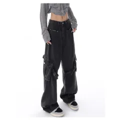 Slimming Large Pocket Design High Waist Straight Wide Leg Jeans - Black - View 1