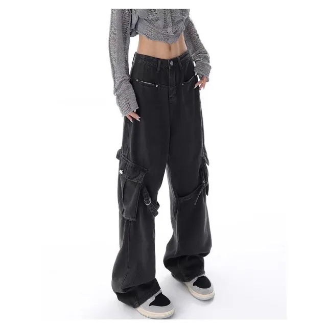 Slimming Large Pocket Design High Waist Straight Wide Leg Jeans Black - Shop at LoveMi