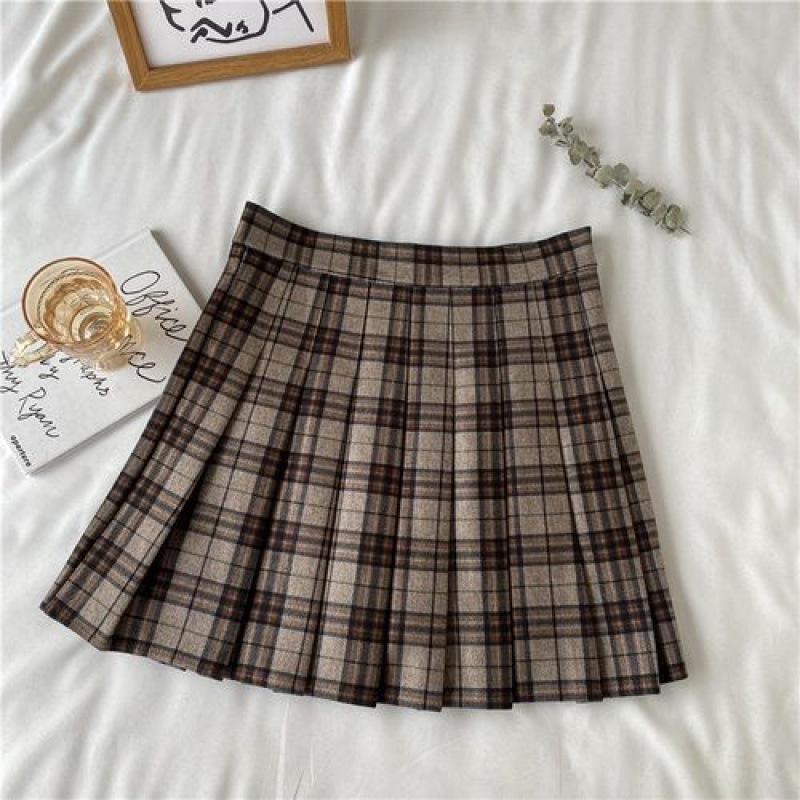 Autumn Winter Retro Coffee Color Plaid High Waist Half length Summer Dress For Women Khaki Large Plaid - Shop at LoveMi