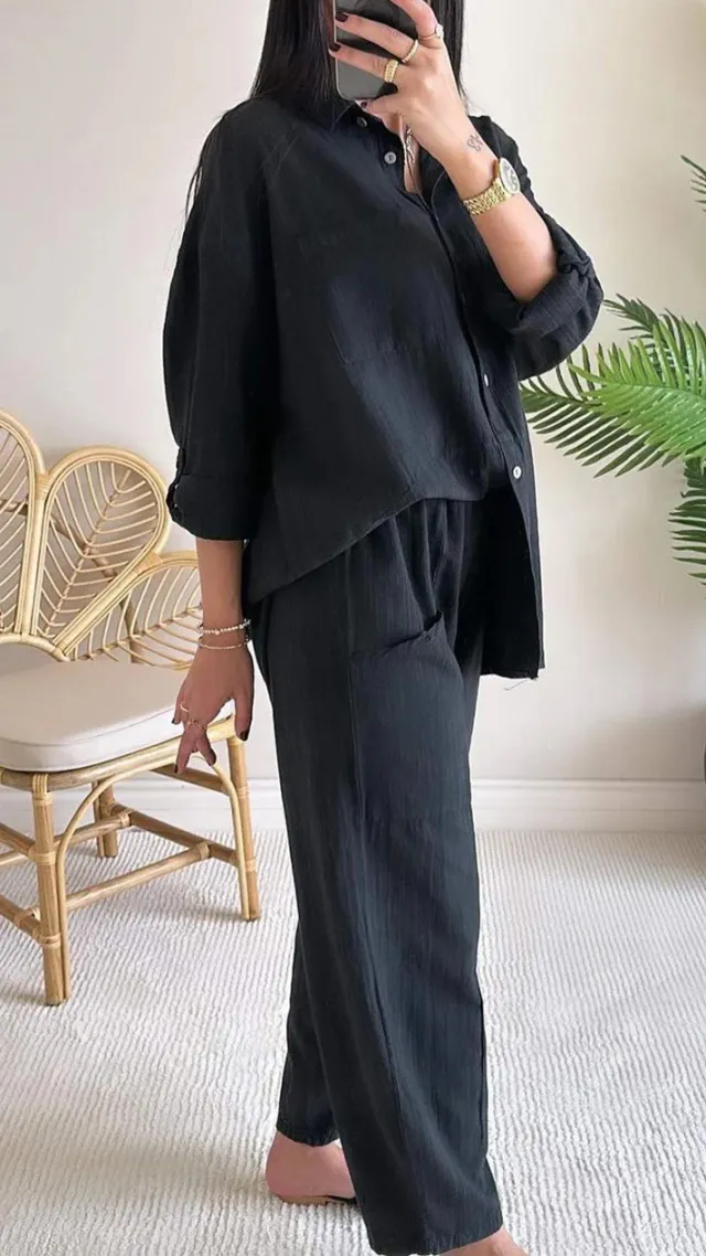 Cotton And Linen Shirt Outfit High Waist Loose Black - Shop at LoveMi