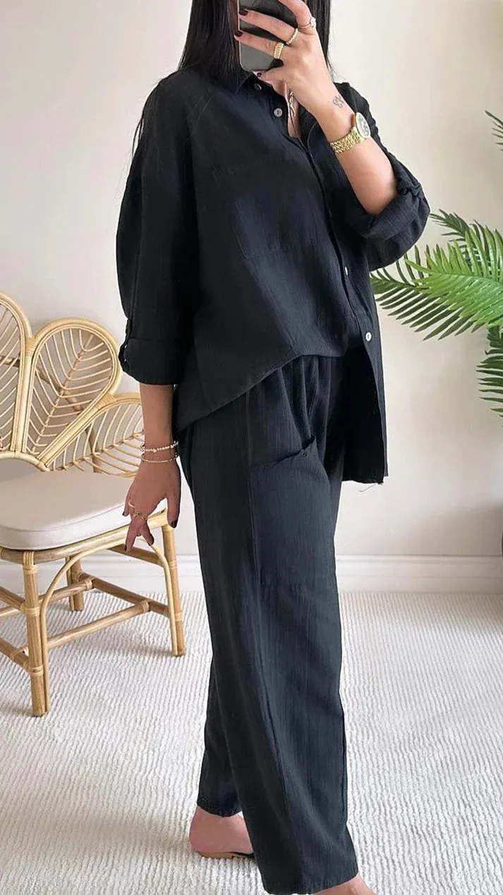 Cotton And Linen Shirt Outfit High Waist Loose - Black