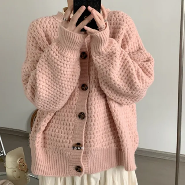 Pineapple Pattern Loose Single breasted Sweater Coat For Women Pink - Shop at LoveMi
