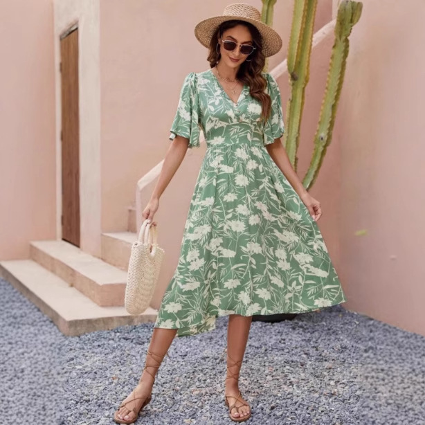 A Midriff-baring Floral Summer-style Long Cotton-silk Short-sleeved Dress
