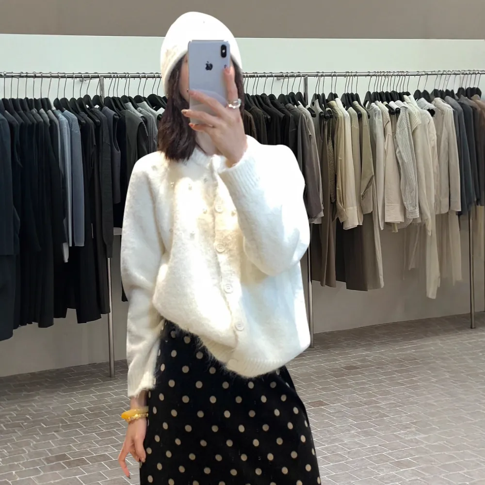 Women's Three-dimensional Pearl Sweater Cardigan Loose Knitted Coat