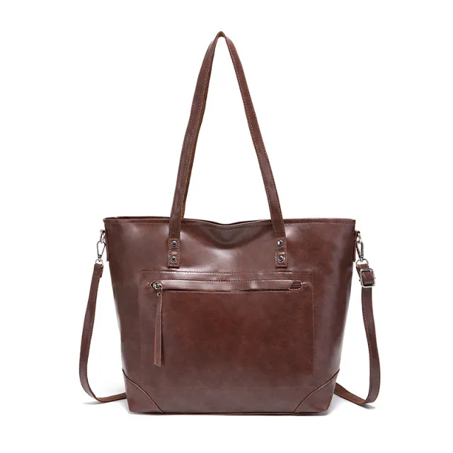 Retro Oil Wax Skin Leisure Tote Handbag Coffee - Shop at LoveMi