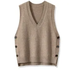 European And American Retro V-neck Knitted Vest Women's Spring Autumn Outerwear - Khaki - View 1