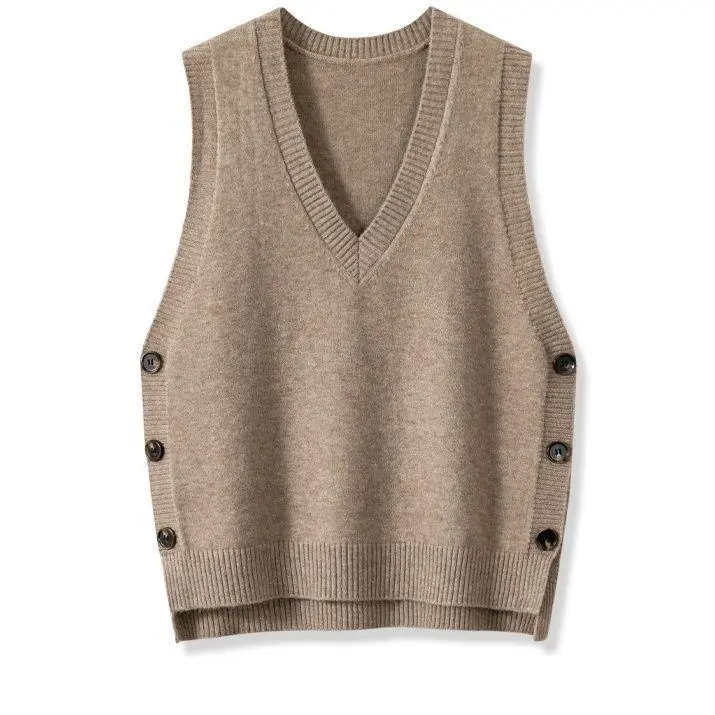 European And American Retro V-neck Knitted Vest Women's Spring Autumn Outerwear - Khaki
