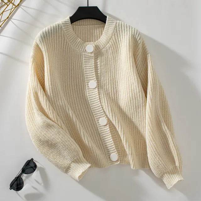 Single breasted Knitted Women's Clothing Loose Long Sleeve Jacket Beige - Shop at LoveMi