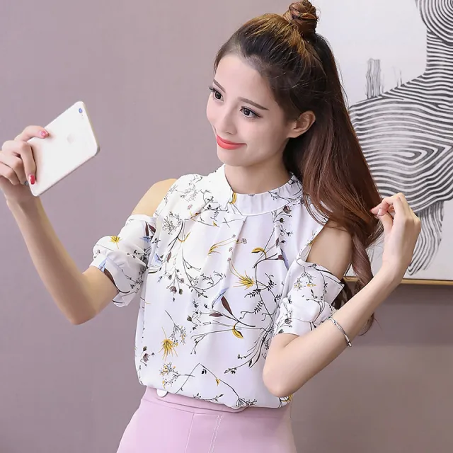 Summer Off the shoulder Top Half Sleeve Floral Chiffon Shirt Short Sleeve Floral - Shop at LoveMi