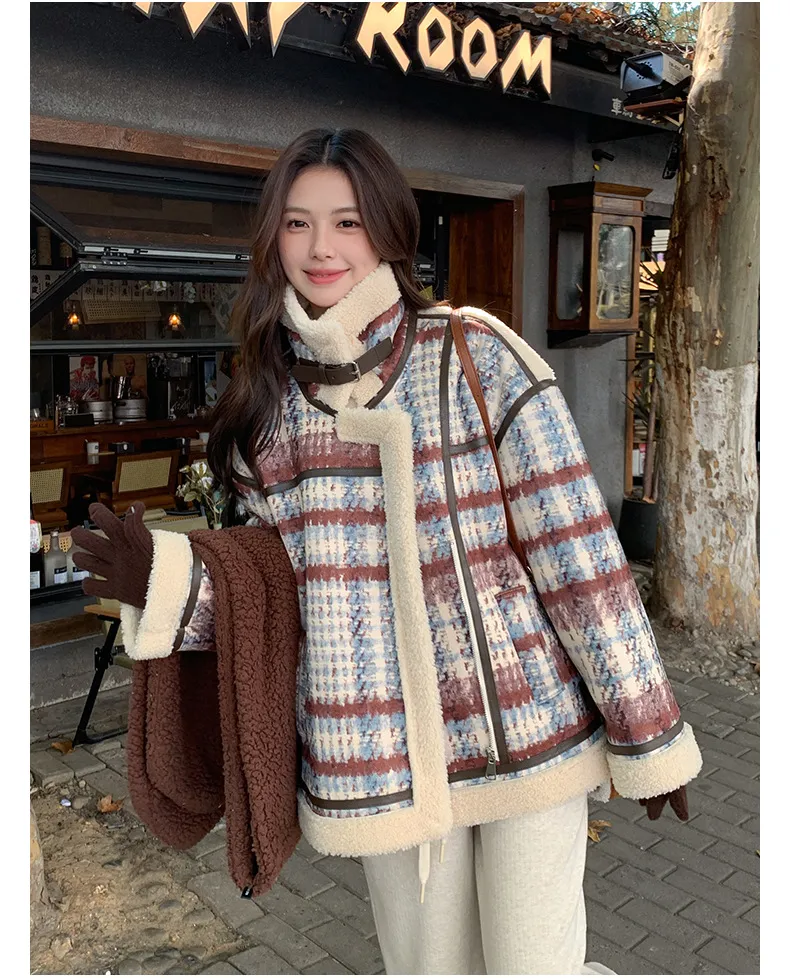 Retro Plaid Stand Collar Loose Fur Short Coat For Women