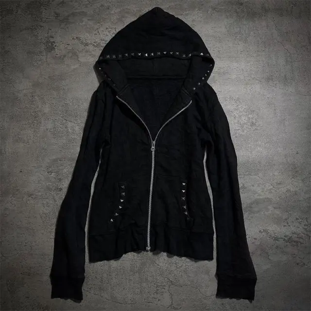 Elegant Edgy Hoodie With A Fur Collar Hood Studs And Zipper Black - Shop at LoveMi