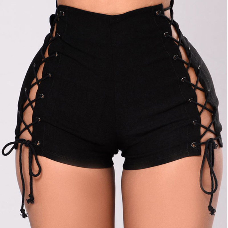 Women's Side Bandage High Waist Denim Shorts Black - Shop at LoveMi