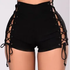 Women's Side Bandage High Waist Denim Shorts - Black - View 1