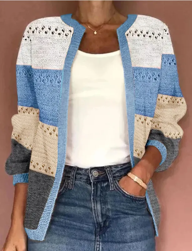 Women's Color Matching Hollow Out Cardigan Blue - Shop at LoveMi