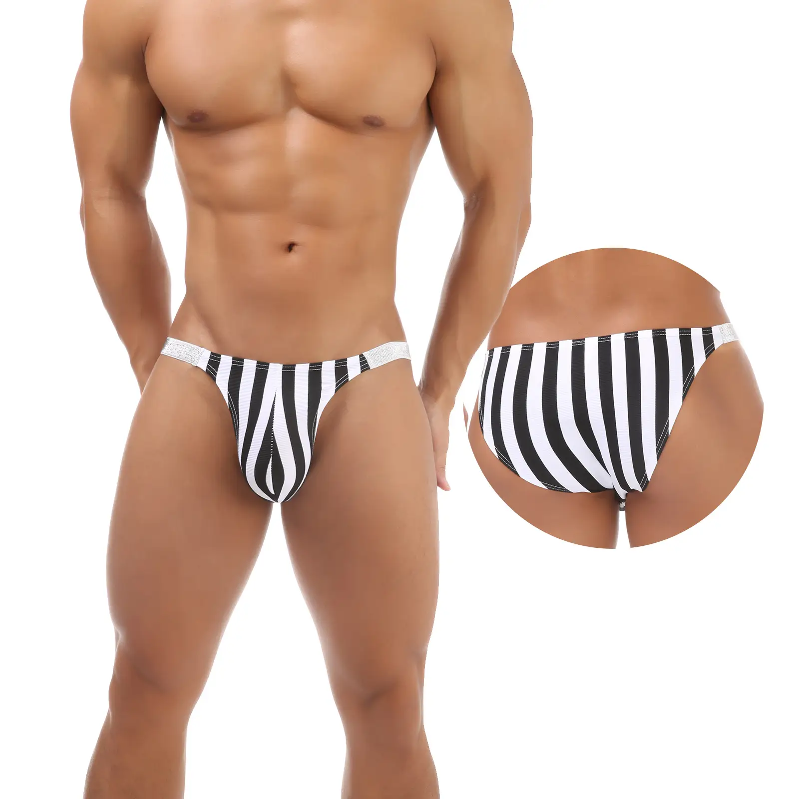 Men's Zebra Striped Low Waist Briefs with Shiny Waistband